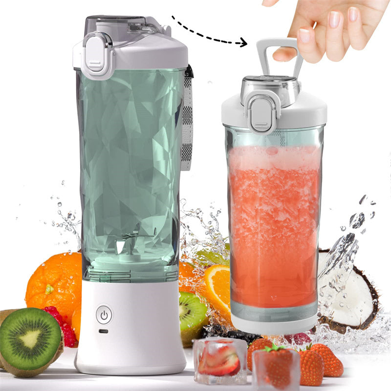 Shopi Vella portable blender for smoothies with clear container and fruits on a white background