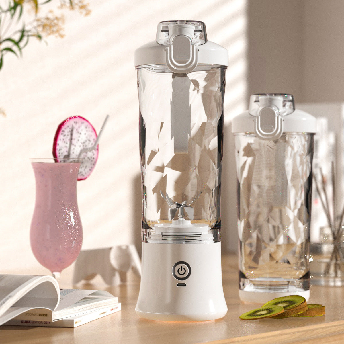 Shopi Vella portable blender for smoothies with clear textured pitcher and white base on kitchen counter