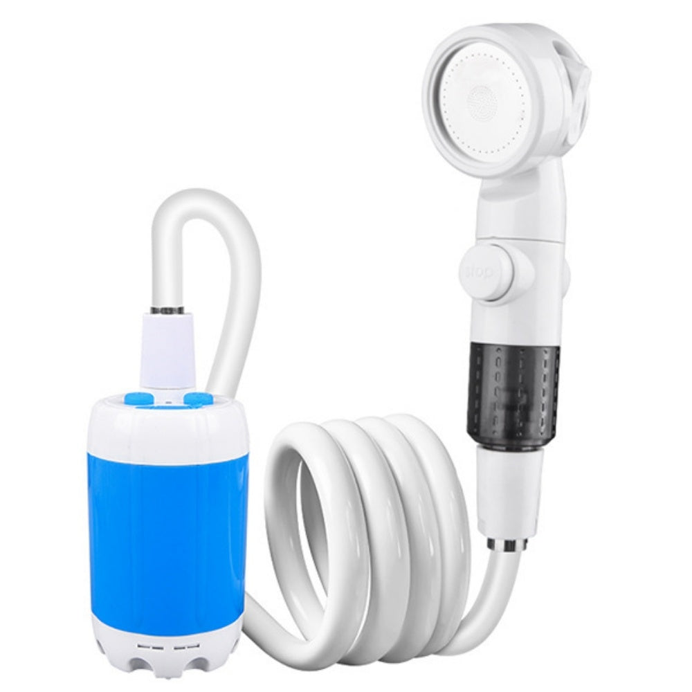 Shopi Vella portable camping shower electric with blue pump and white coiled hose for outdoor use