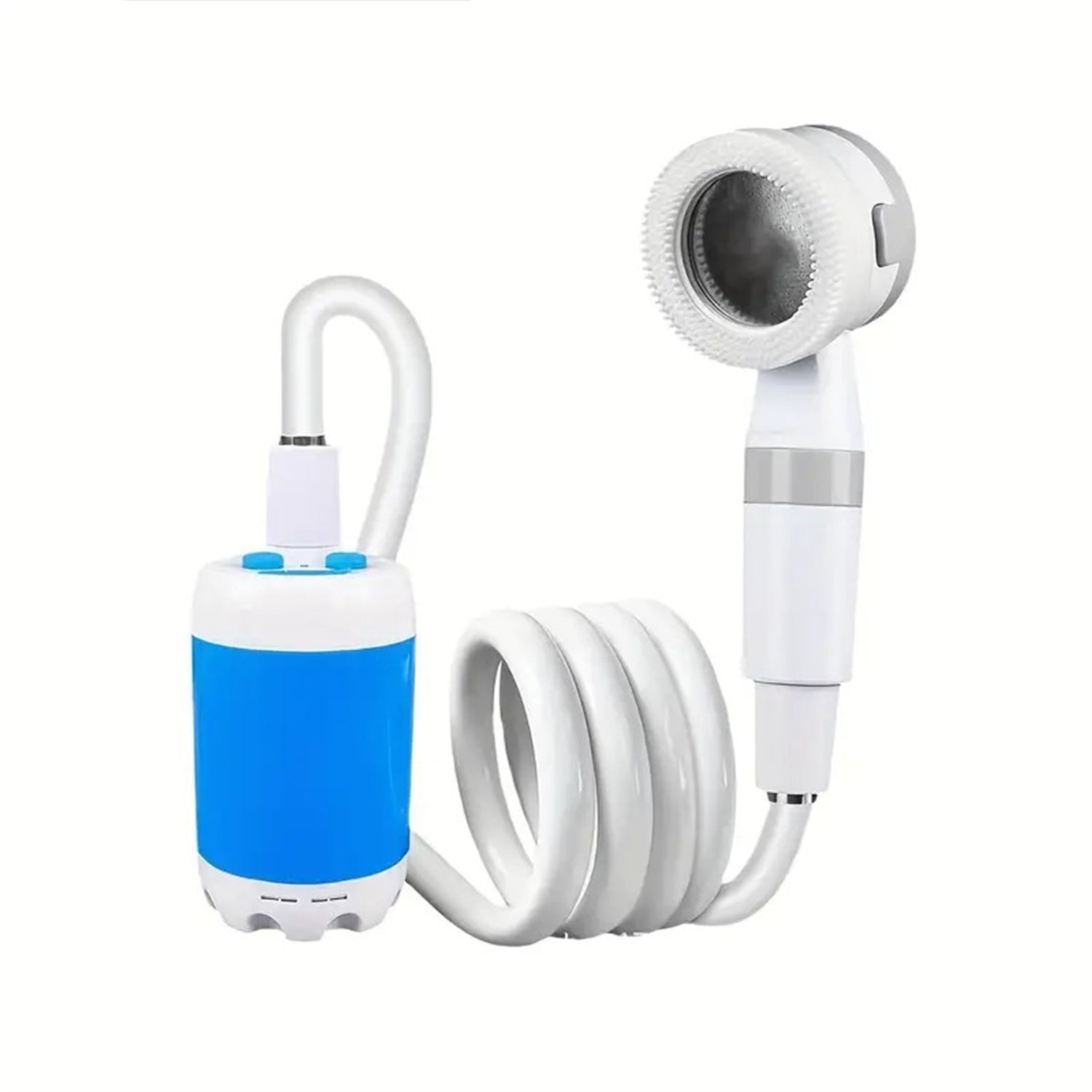 Shopi Vella portable camping shower electric with white hose and blue pump for outdoor bathroom storage