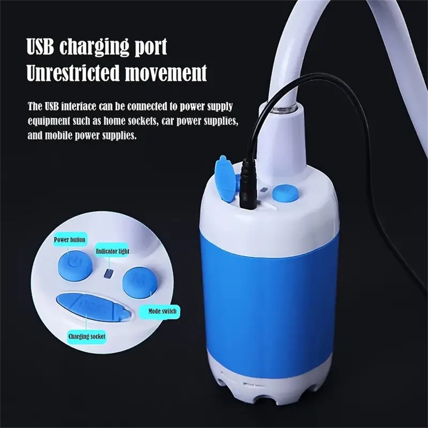 Shopi Vella portable camping shower electric with USB charging port and blue white design