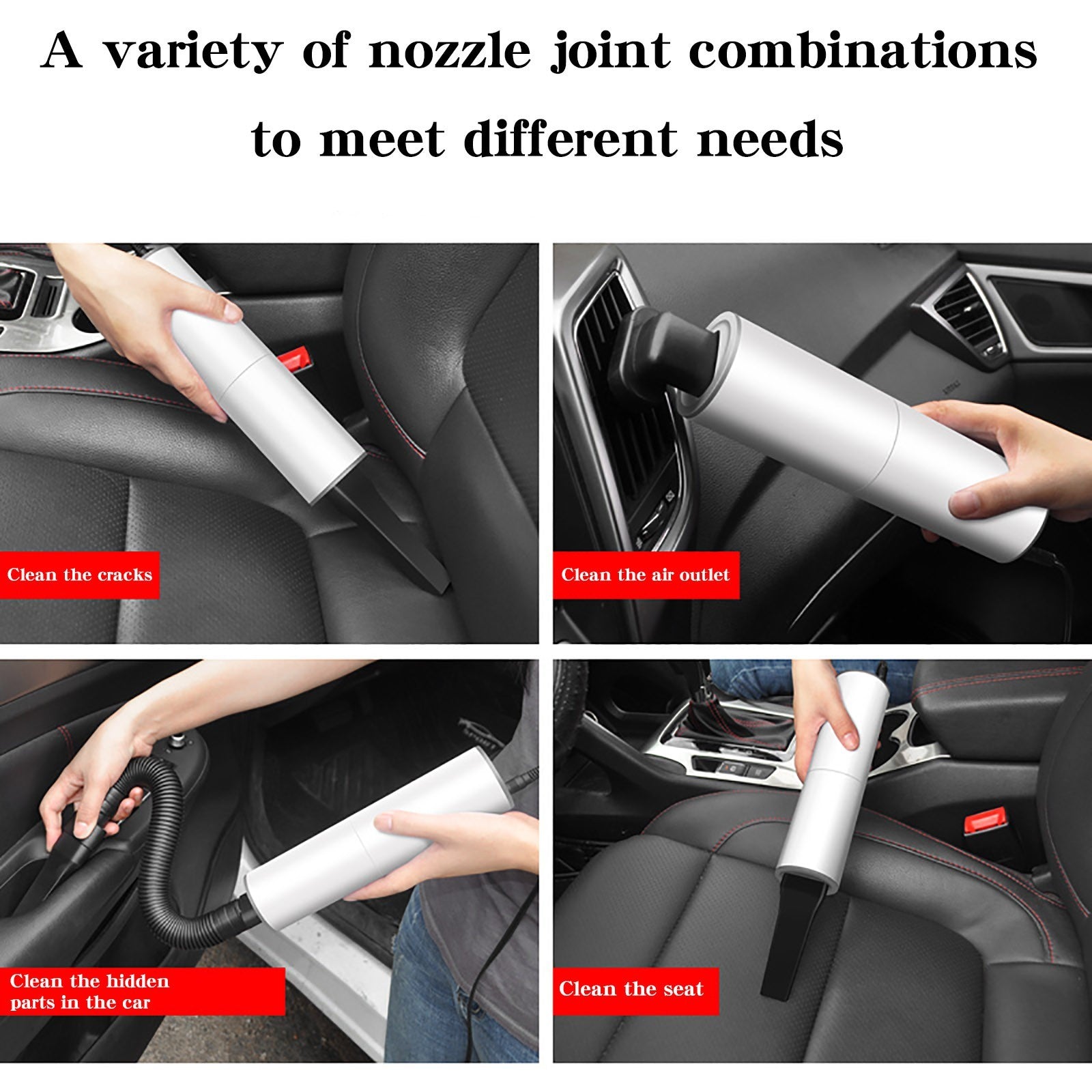 Shopi Vella portable car vacuum cleaner with multiple nozzle attachments for cleaning car seats cracks air outlets and hidden parts