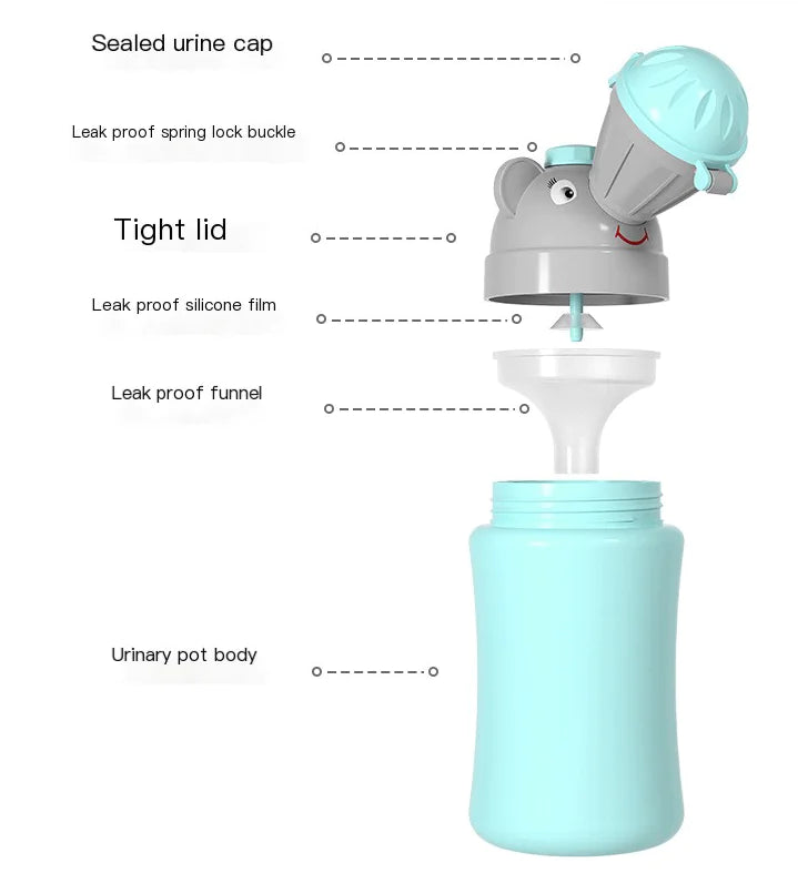 Portable children's urinal wholesale with leak proof funnel, sealed urine cap, and tight lid in blue and gray