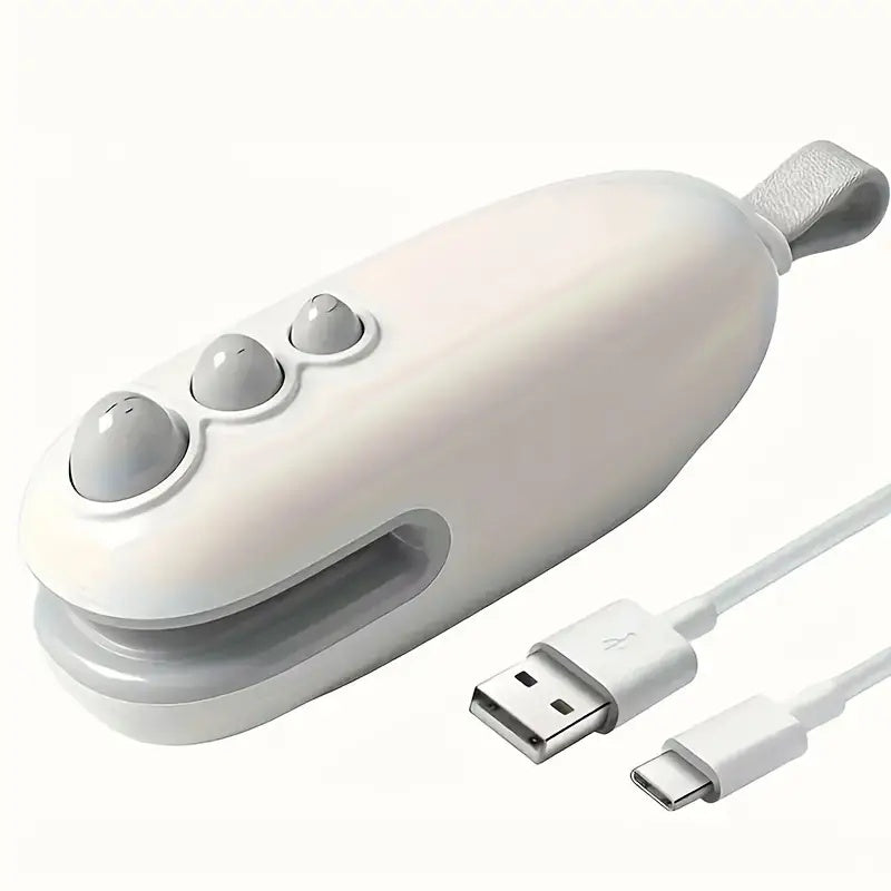 Shopi Vella portable chip bag resealer with cutter in white featuring USB charging cable