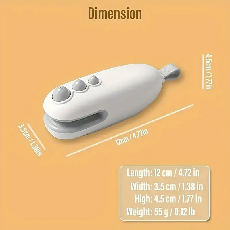 Shopi Vella portable chip bag resealer with cutter in white showing compact dimensions for kitchen storage