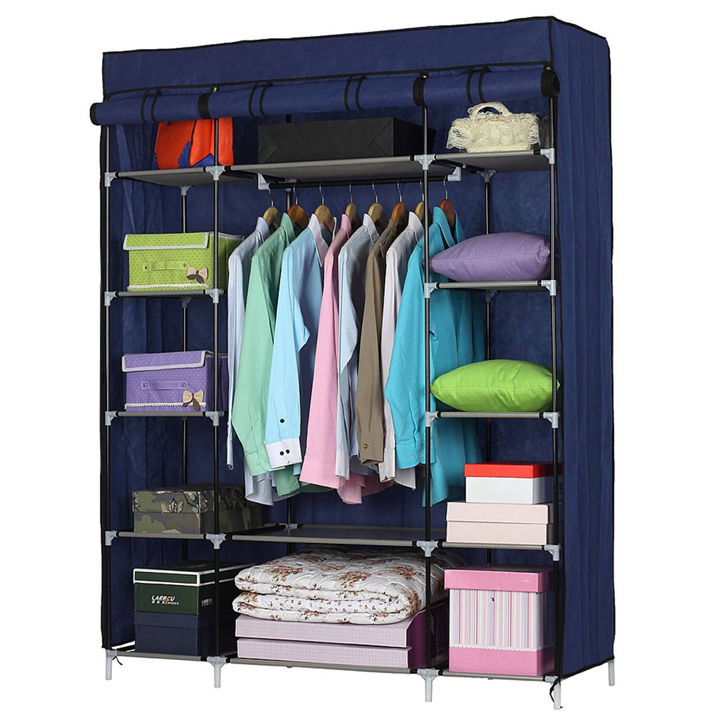 Shopi Vella portable closet organizer with shelves in navy blue holding clothes, pillows, and storage boxes