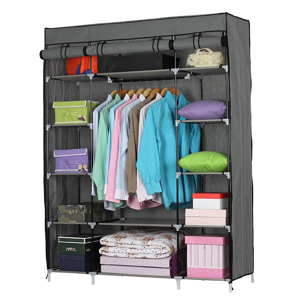 Shopi Vella portable closet organizer with shelves in gray holding clothes, pillows, and storage boxes