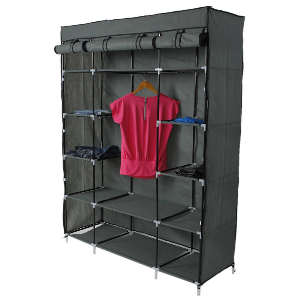 Shopi Vella portable closet organizer with shelves in black holding clothes including a pink shirt