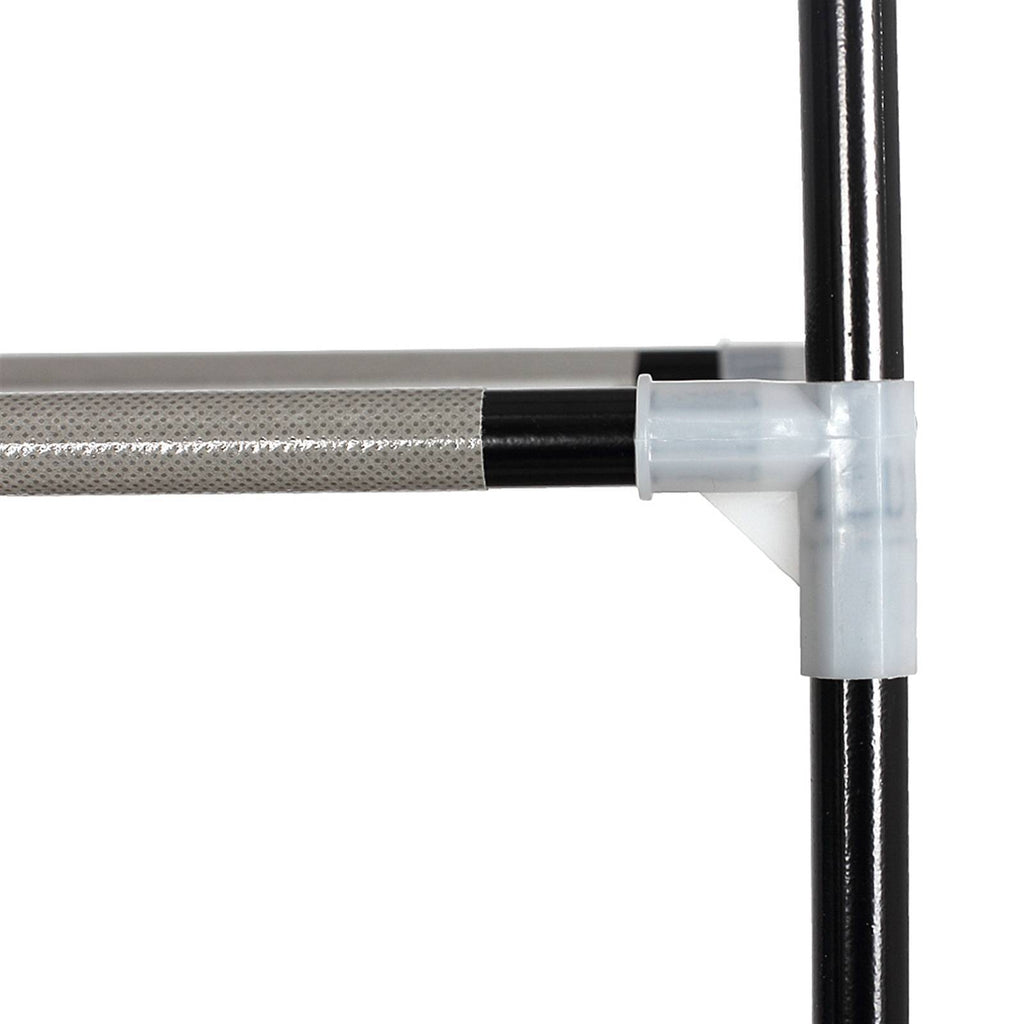 Close-up of metal frame joint for portable closet organizer with shelves by Shopi Vella