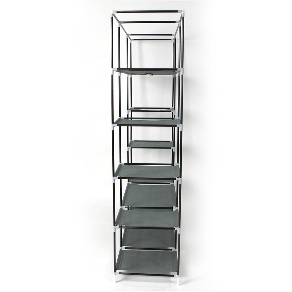 Shopi Vella portable closet organizer with shelves featuring multiple black fabric shelves and a metal frame