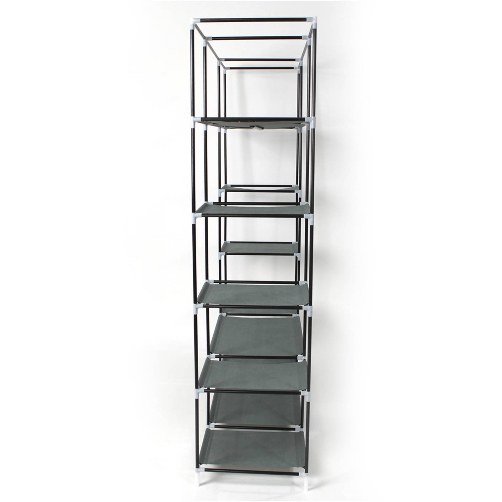 Shopi Vella portable closet organizer with shelves featuring multiple black fabric shelves and a metal frame