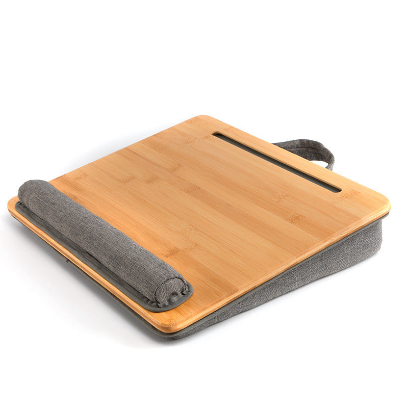 Shopi Vella portable computer desk for home with wooden surface and cushioned lap support in gray fabric