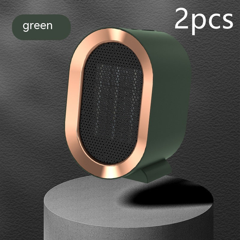 Shopi Vella green portable desktop electric heater with rose gold trim shown on pedestal
