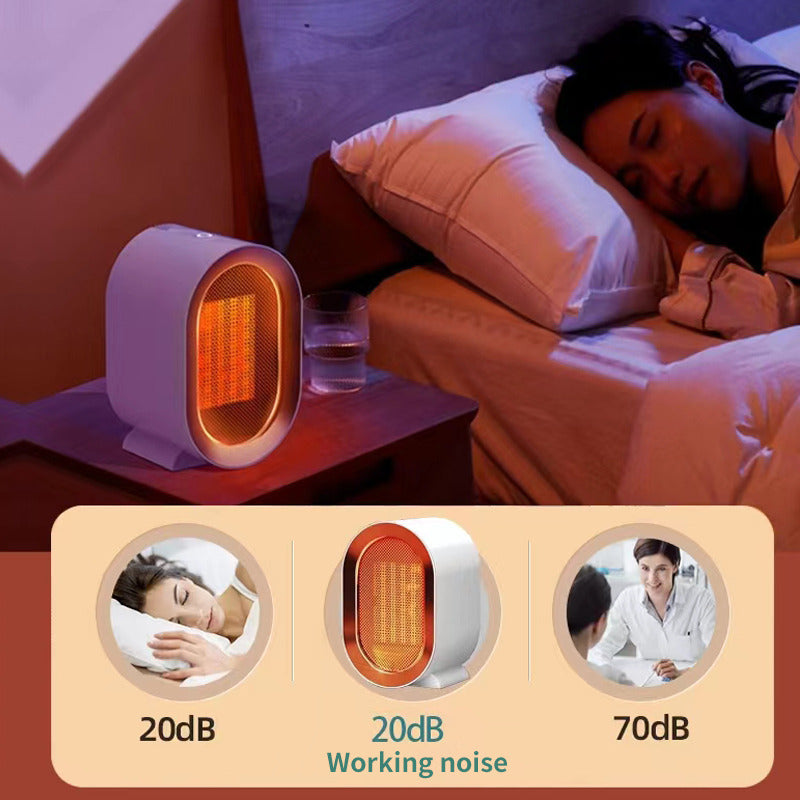 Shopi Vella portable desktop electric heater emitting warm light on bedside table near sleeping woman