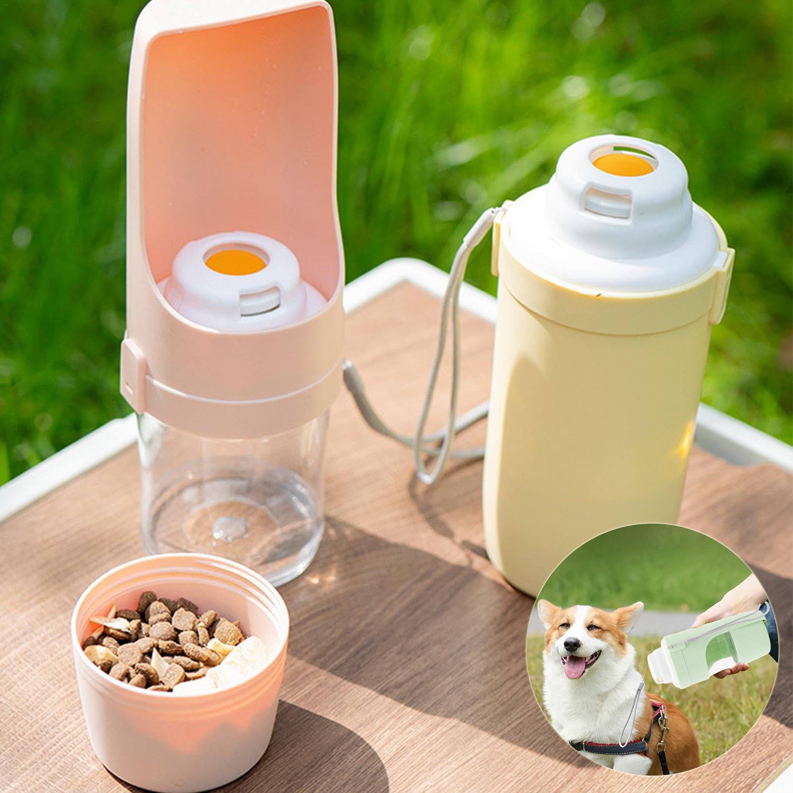 Shopi Vella portable dog water bottle in beige with attached bowl and clip for outdoor pet hydration