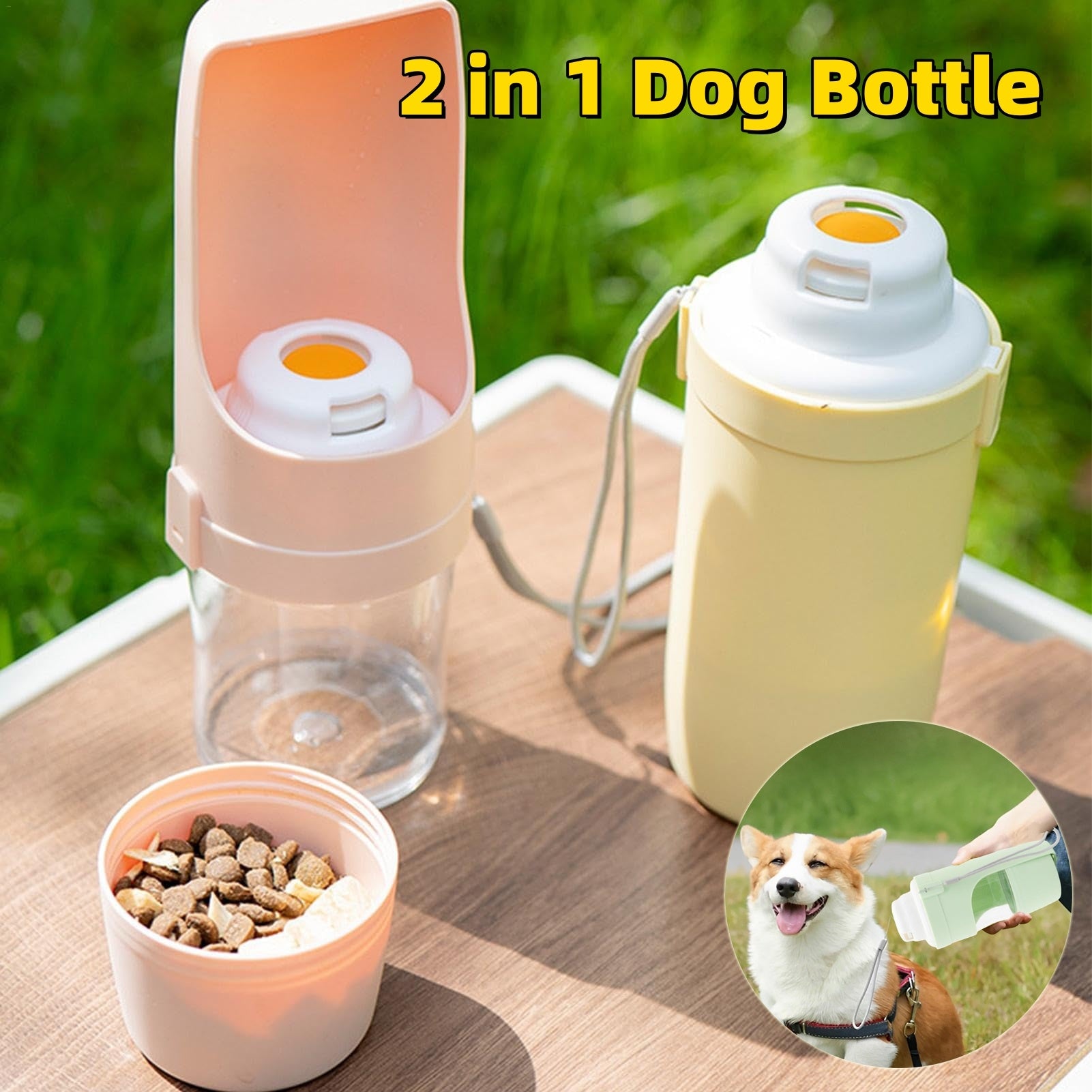 Shopi Vella portable dog water bottle with 2 in 1 design for water and food on the go
