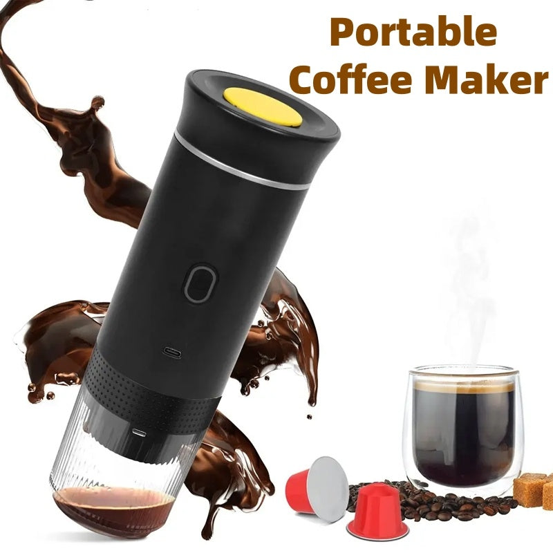 Shopi Vella portable electric grinder coffee maker with black cylindrical design and coffee splash background