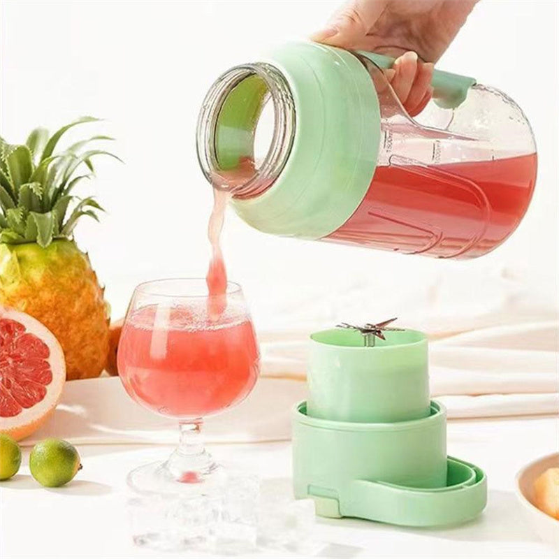 Shopi Vella portable electric juicer blender pouring fresh pink juice into a glass on white surface