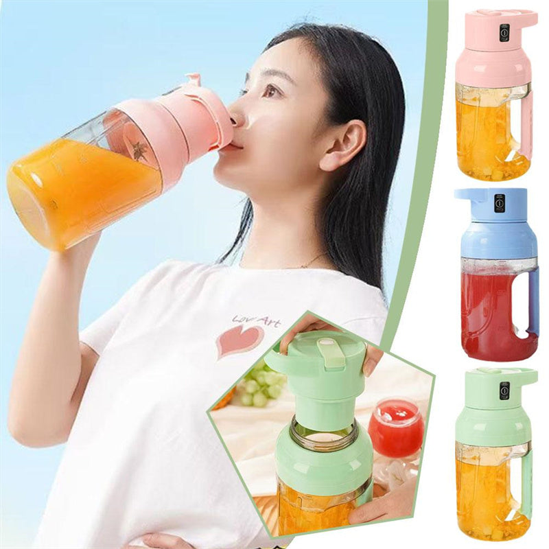 Shopi Vella portable electric juicer blender in pink, blue, and green, shown blending and with juice inside