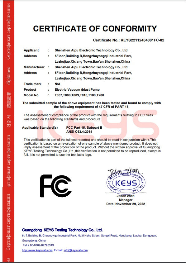 Certificate of conformity for Shopi Vella portable food preservation machine with FCC compliance details
