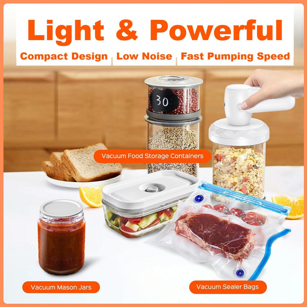 Shopi Vella portable food preservation machine with vacuum food storage containers, mason jars, and sealer bags