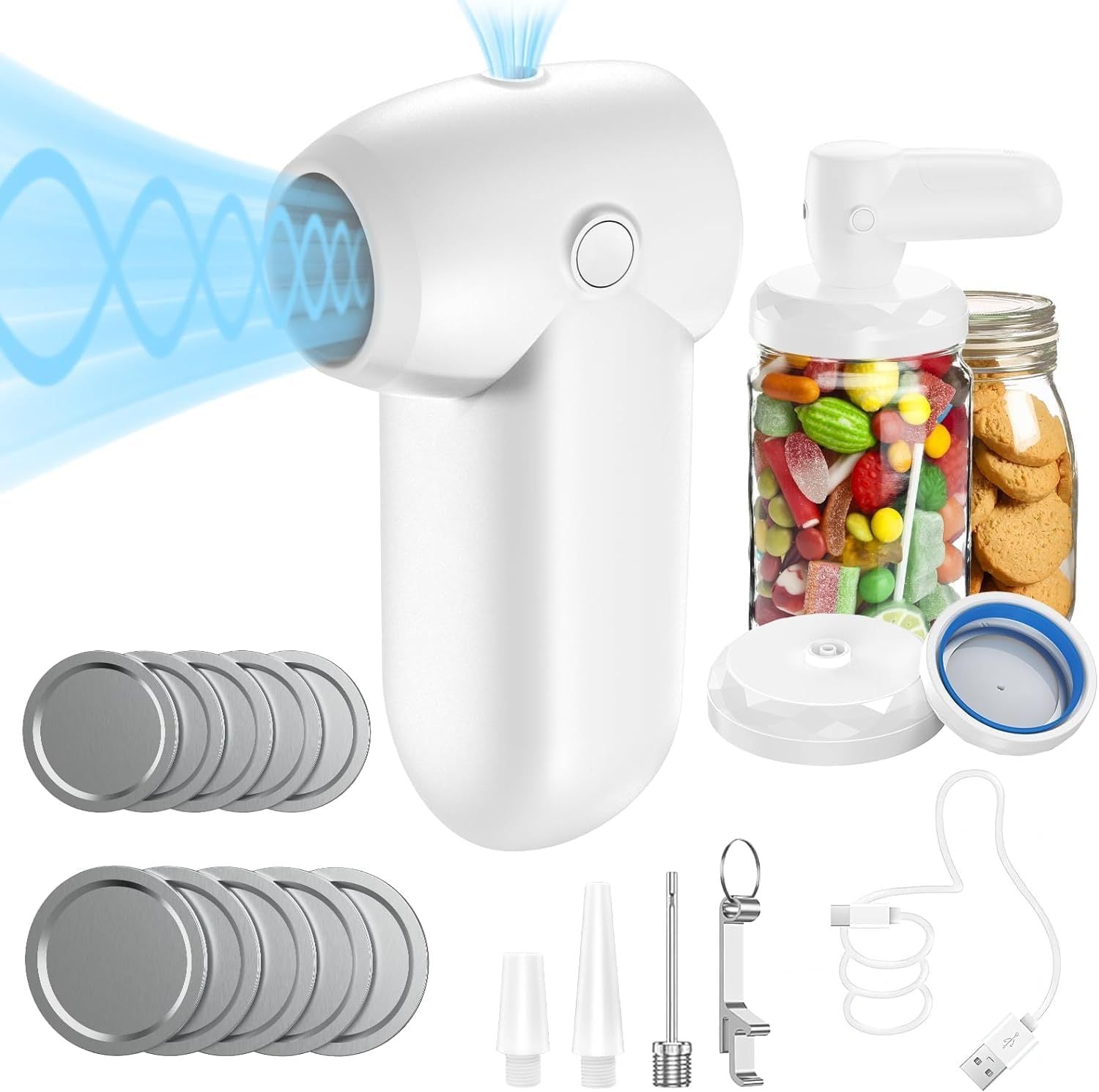 Shopi Vella portable food preservation machine with jars of snacks and multiple sealing accessories in white