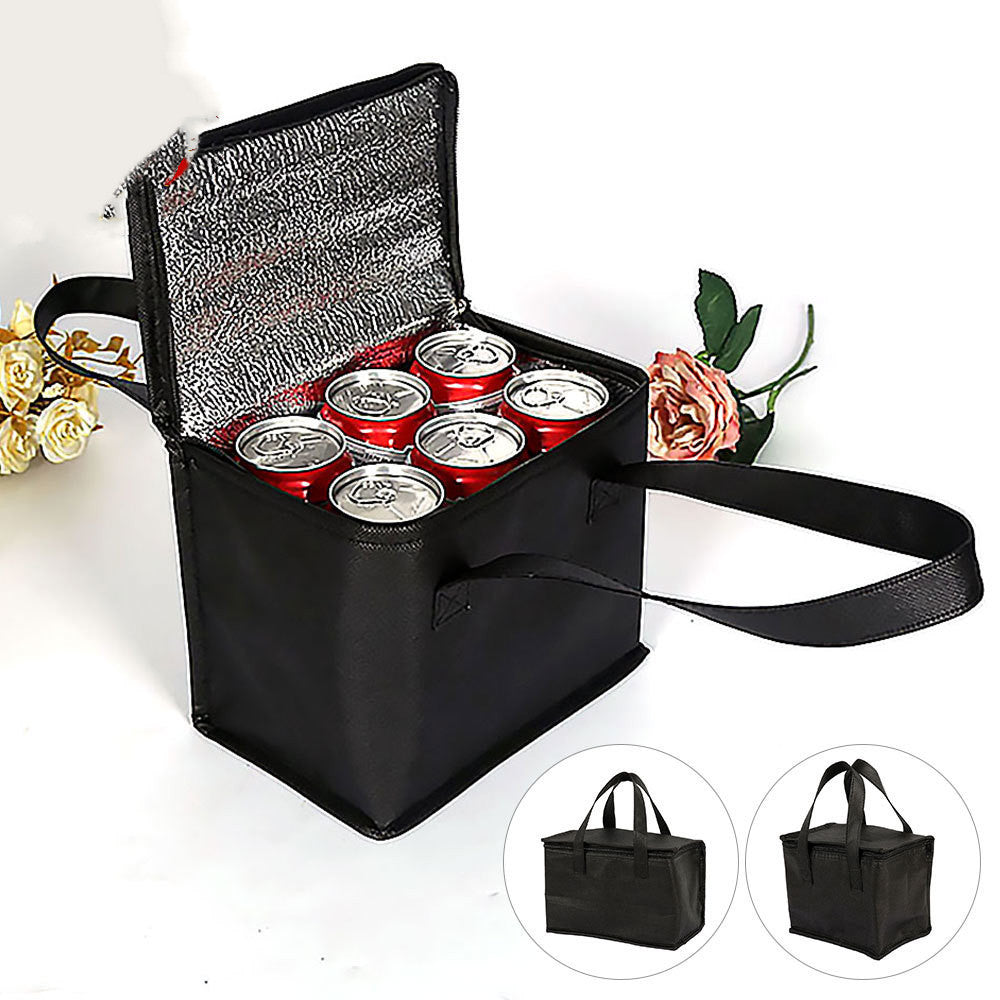 Shopi Vella portable insulated lunch bag in black holding six soda cans with zipper and handles