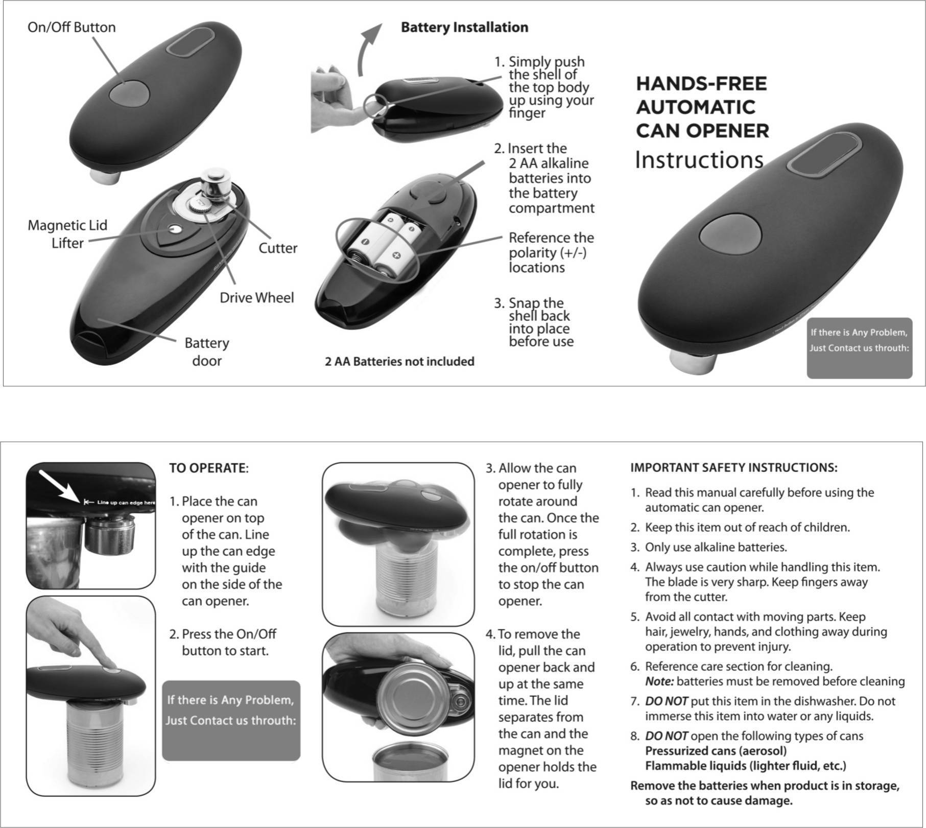 Portable kitchen opener tool with hands-free automatic can opener and battery installation instructions