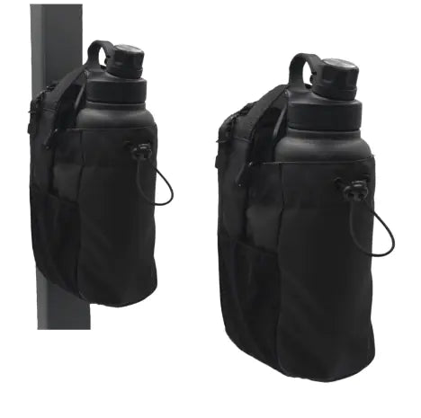 Shopi Vella portable magnetic water bottle pouch in black holding a water bottle attached to a metal surface