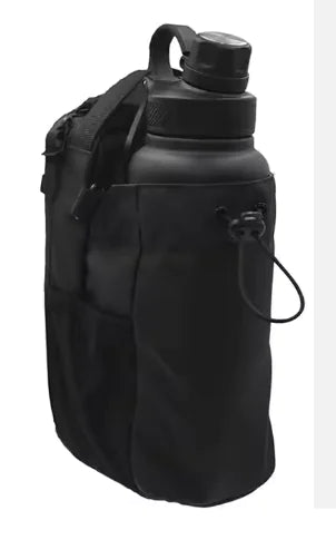 Black portable magnetic water bottle pouch holding a large black water bottle with carrying strap