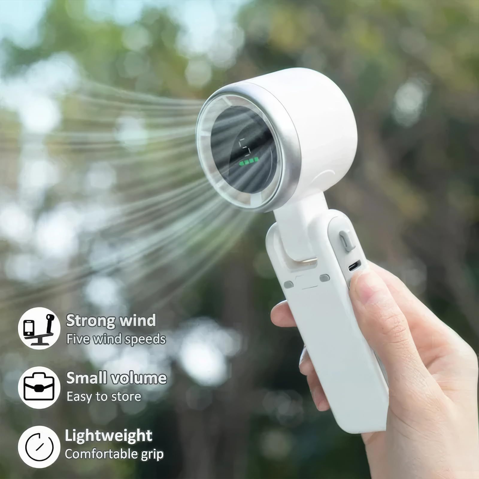 Shopi Vella portable mini fan rechargeable in white with ergonomic grip and five wind speeds