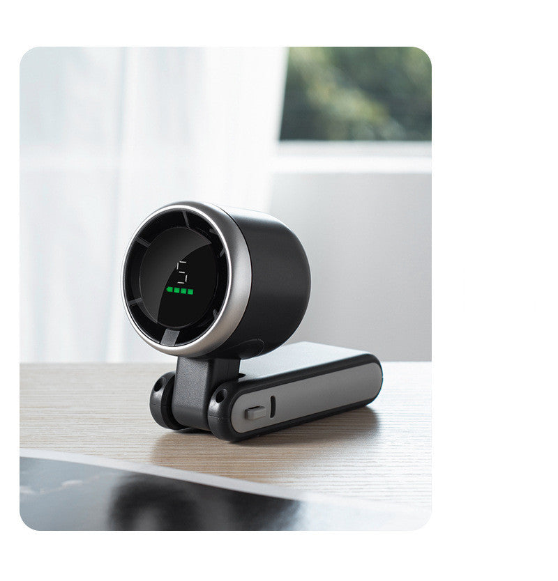 Shopi Vella portable mini fan rechargeable black compact design with digital display on desk