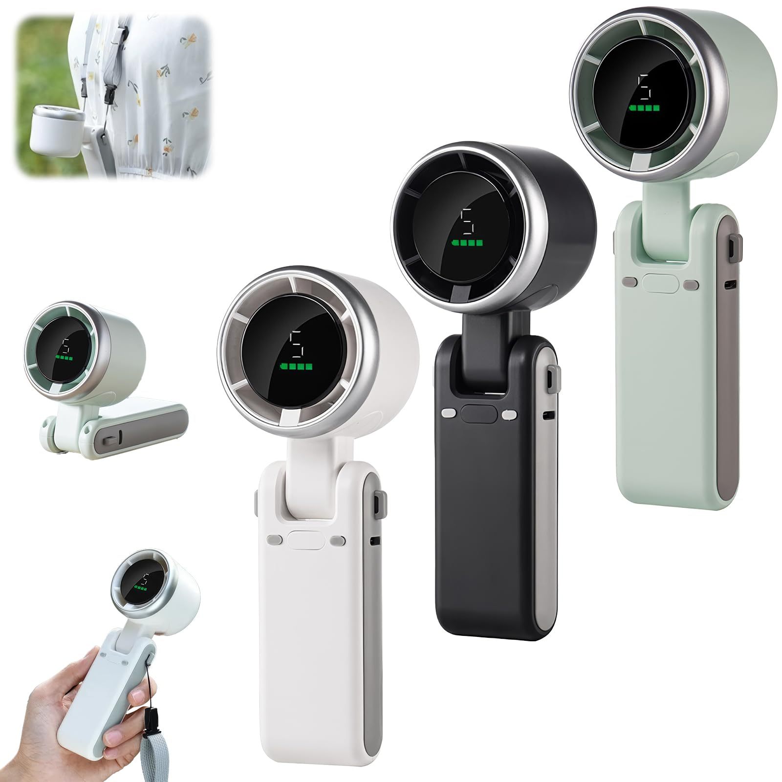 Shopi Vella portable mini fan rechargeable in black white and mint green for personal cooling
