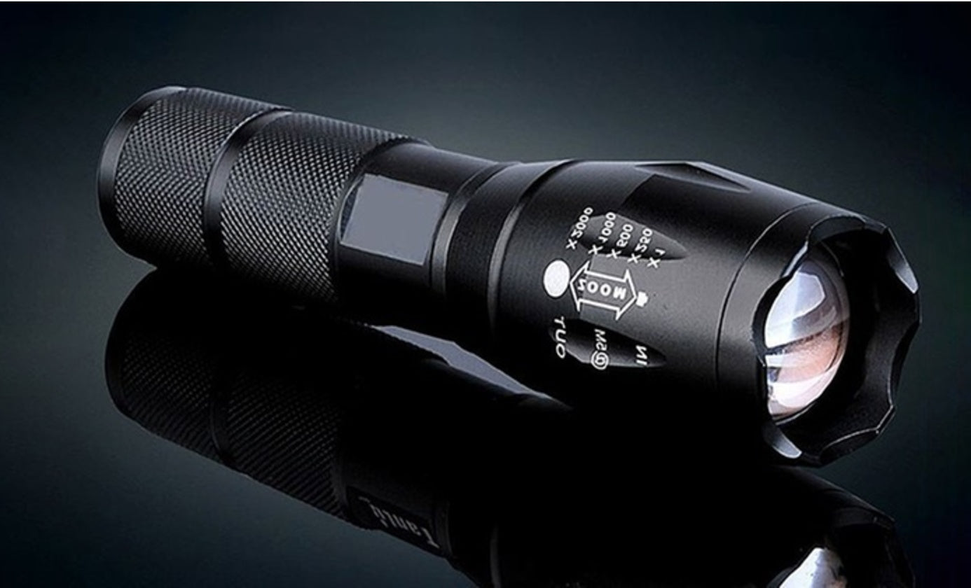 Shopi Vella portable mini LED flashlight with black textured grip and adjustable focus lens