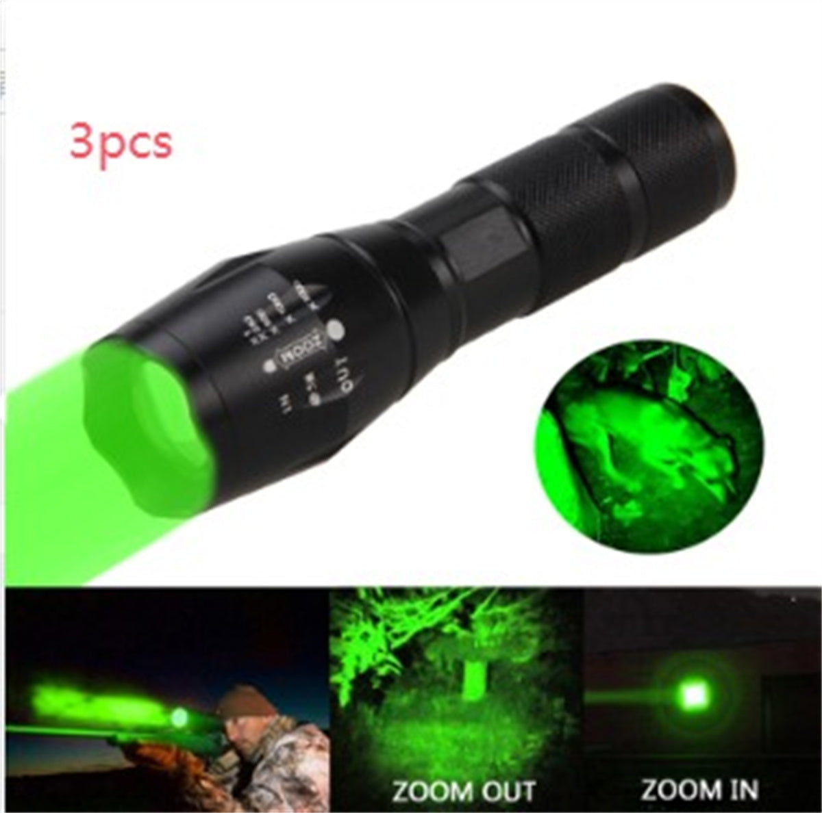 Shopi Vella portable mini LED flashlight emitting green light with zoom in and zoom out feature