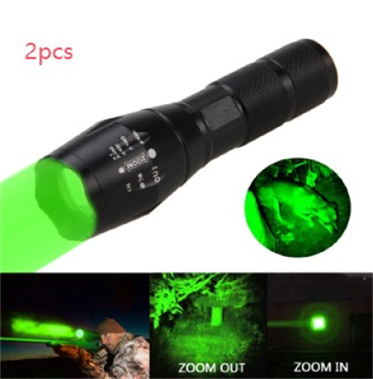 Shopi Vella portable mini LED flashlight emitting green light with zoom in and zoom out features