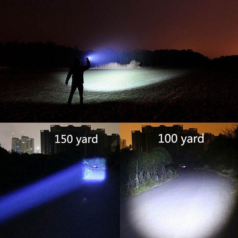 Shopi Vella portable mini LED flashlight demonstrating bright long-distance beam at night up to 150 yards