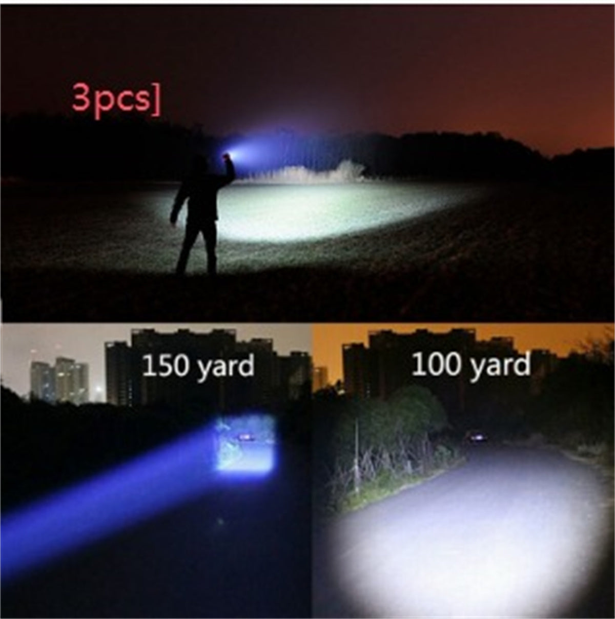 Shopi Vella portable mini LED flashlight showing bright light beam reaching 150 and 100 yards at night