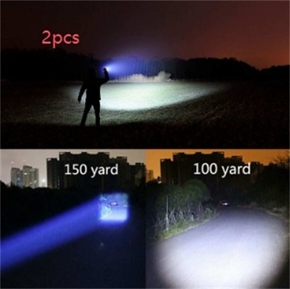 Shopi Vella portable mini LED flashlight showing bright beam reaching 150 and 100 yards at night