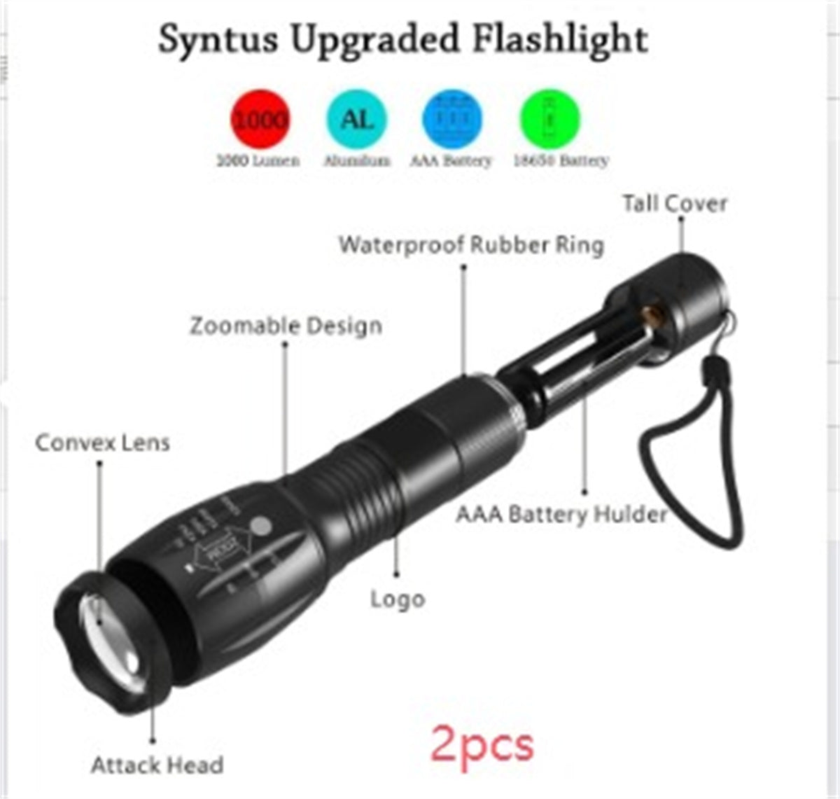 Shopi Vella portable mini LED flashlight with zoomable design, waterproof rubber ring, and AAA battery holder