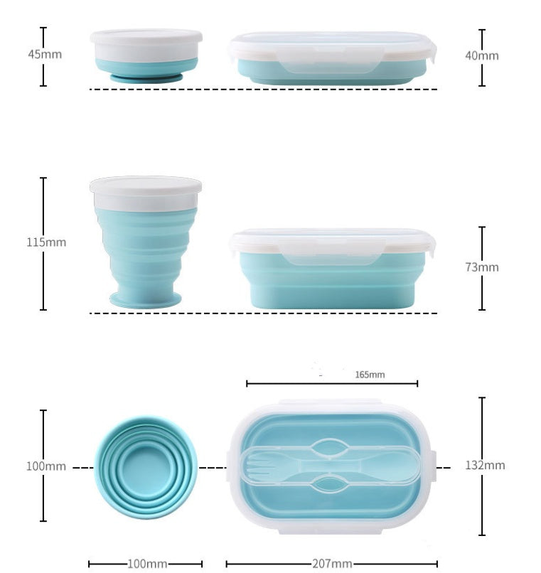 Shopi Vella portable silicone lunch box in blue collapsible design with measurements and included utensils