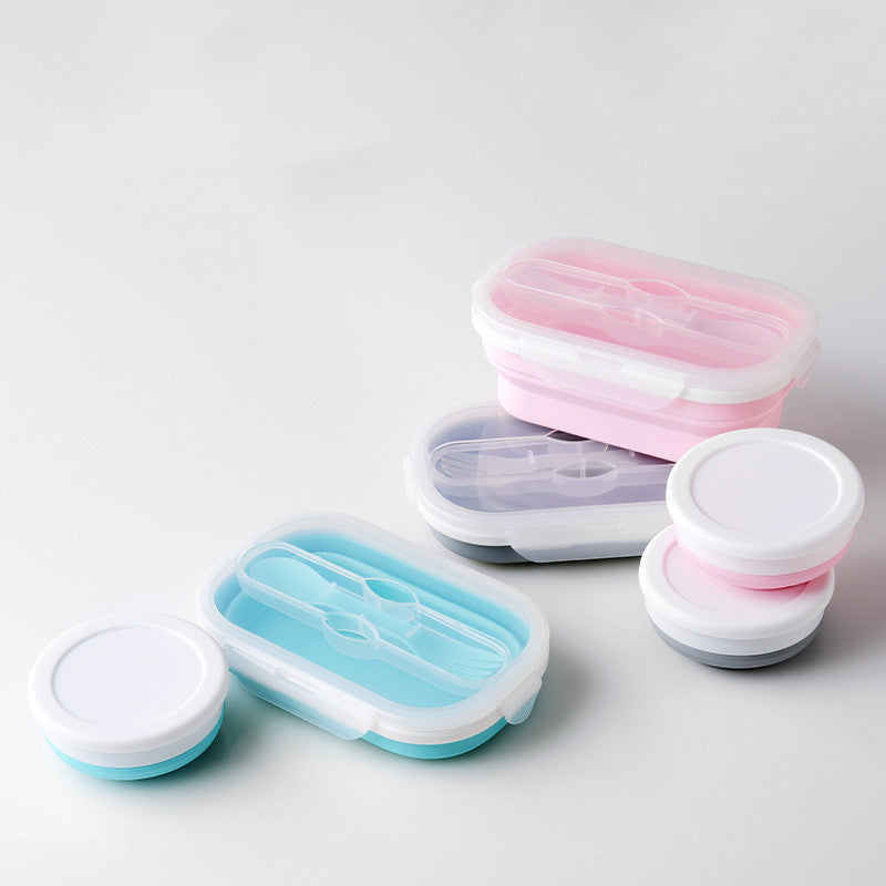 Shopi Vella portable silicone lunch box set with pastel colors and included utensils for home storage