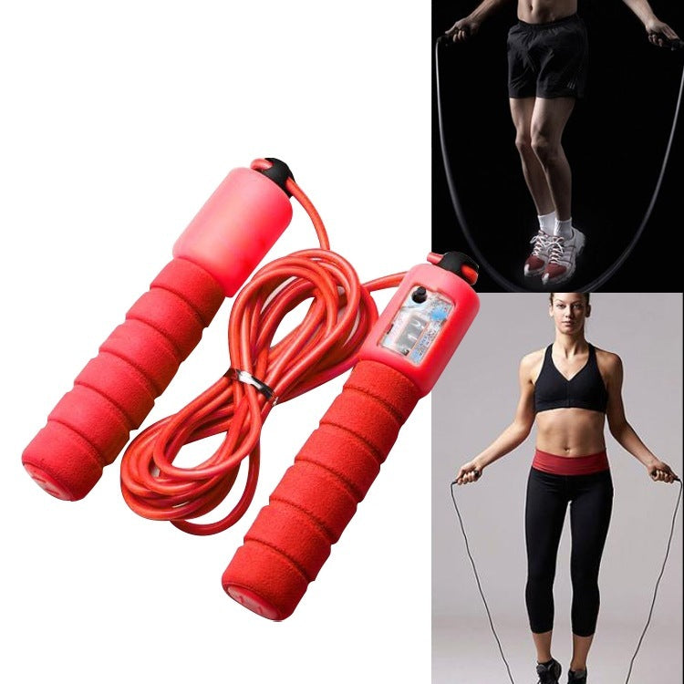Portable sports training skipping rope with red cushioned handles and built-in counter for fitness workouts
