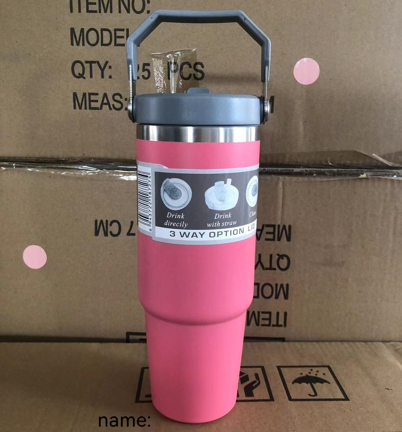 Shopi Vella portable stainless steel travel mug in pink with handle and 3 way drink option