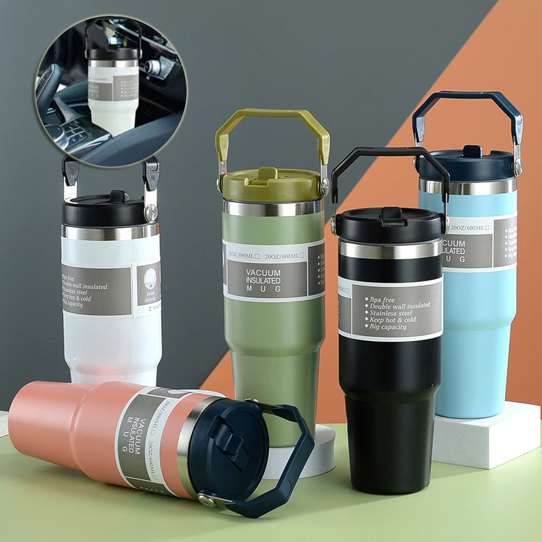Shopi Vella portable stainless steel travel mug collection in multiple colors with handles and vacuum insulation