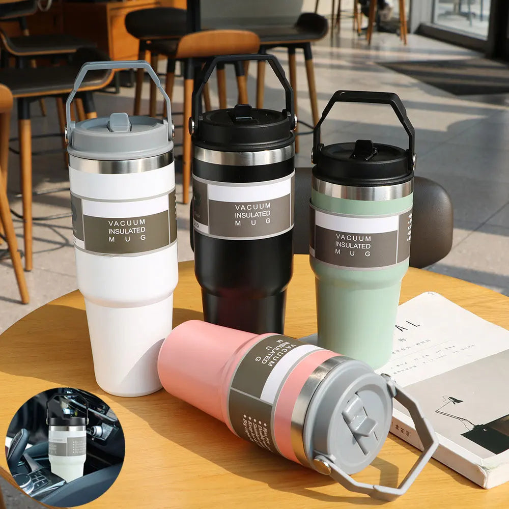 Shopi Vella portable stainless steel travel mug collection with vacuum insulated design in white black green and pink colors