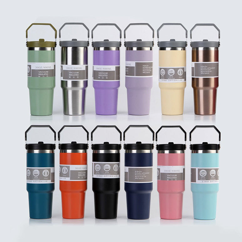 Shopi Vella portable stainless steel travel mug collection in various colors with handles for easy carrying