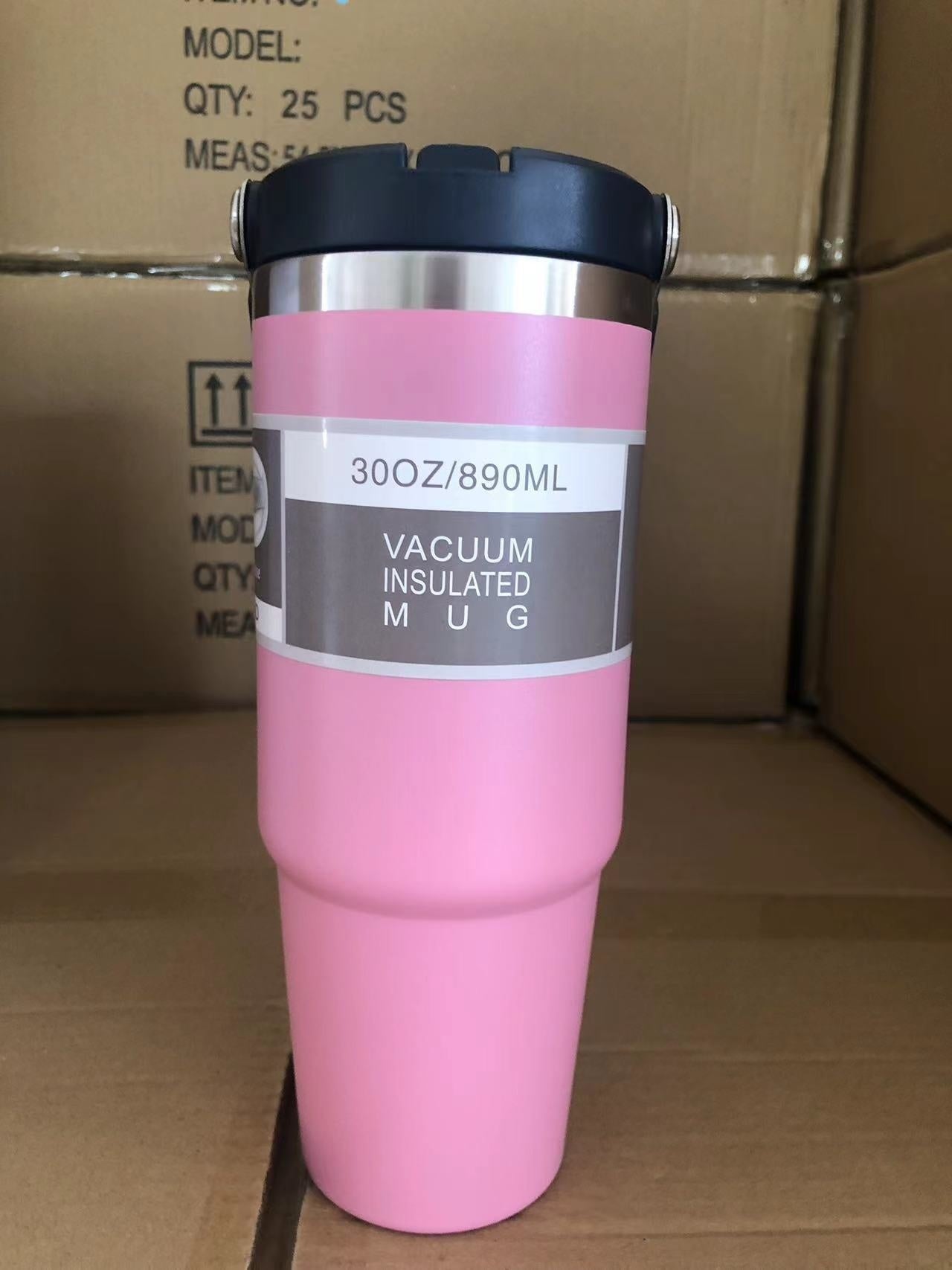 Shopi Vella portable stainless steel travel mug in pink with vacuum insulation and 30oz capacity