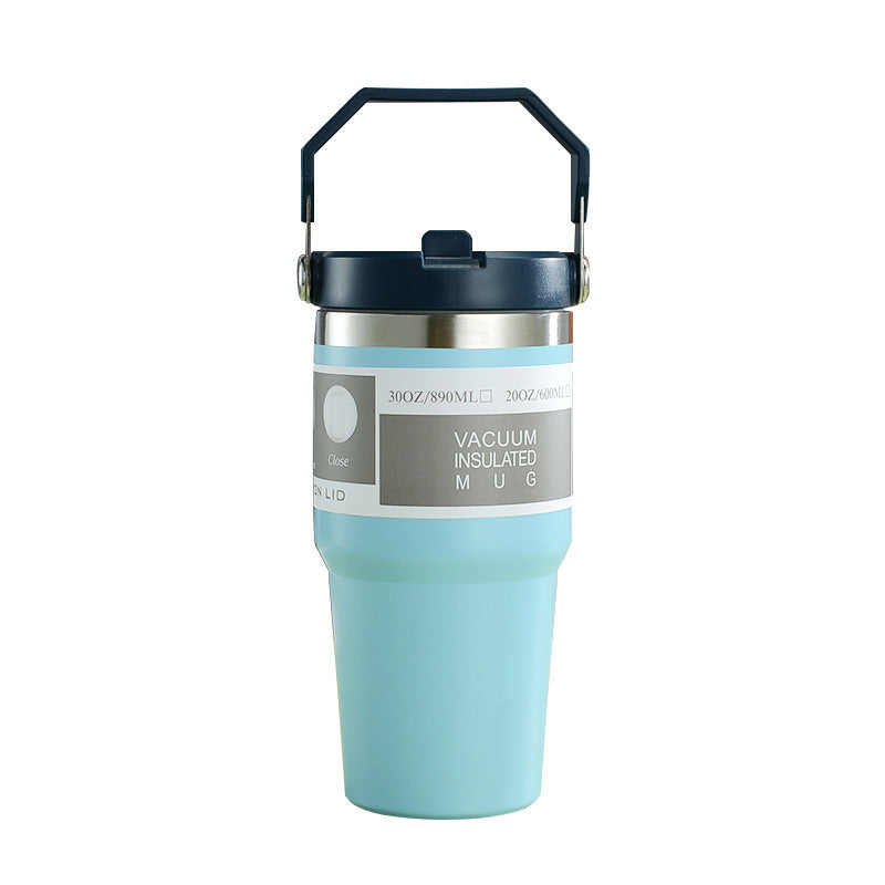 Shopi Vella portable stainless steel travel mug in light blue with black handle and vacuum insulation