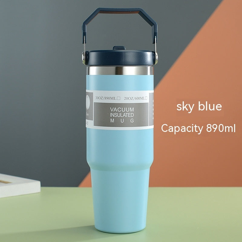 Sky blue portable stainless steel travel mug with vacuum insulation and 890ml capacity